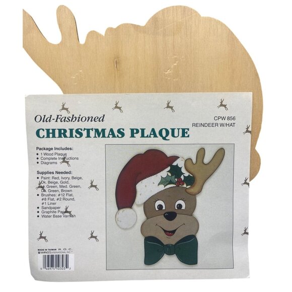 old fashioned cpw 856 Christmas plaque reindeer with hat craft wood 8x10.5" READ - Picture 1 of 7
